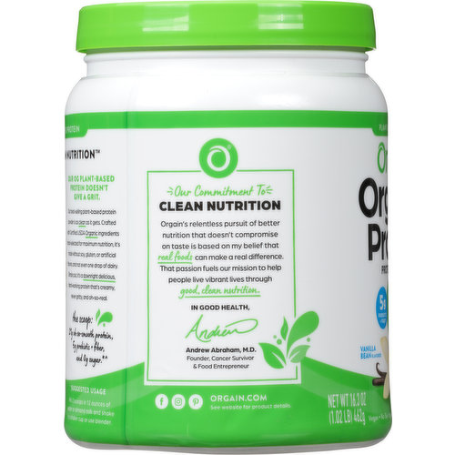 Orgain, Organic Protein Powder, Plant-Based, Vanilla Bean