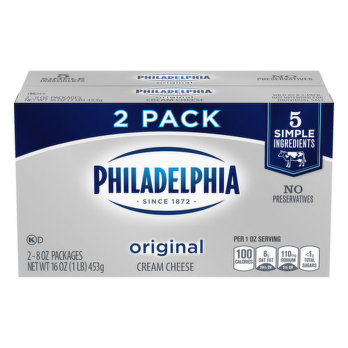 Per 1 oz Per Serving: 100 calories; 6 g sat fat (29% DV); 110 mg sodium (5% DV);  less than 1 total sugars. Since 1872. 5 simple ingredients. No preservatives. Sold as pack. Not intended for individual size. Philadelphia cream cheese always starts with fresh milk and real cream, and is made with 5 simple ingredients, nothing extra. The result is the fresh tasting, creamy texture you love. That's how Philadelphia sets the standard. creamcheese.com. how2recycle.info. See inside for recipes or visit creamcheese.com. Philadelphia Original Cream Cheese traces its roots back to 1872, and it has been the standard of high quality cream cheese ever since. This rich and delicious cream cheese is made with five simple ingredients, perfect for adding creaminess to any recipe. Philadelphia makes its original cream cheese without preservatives, and it's crafted from milk and real cream for an authentic taste. Use this cream cheese for bagels, no-bake desserts, pasta sauces and rich soups. Add a cream cheese frosting to homemade cakes, or whip up a yogurt and cream cheese dip to serve with fresh fruit. Each box contains two 8 ounce bricks of cream cheese.