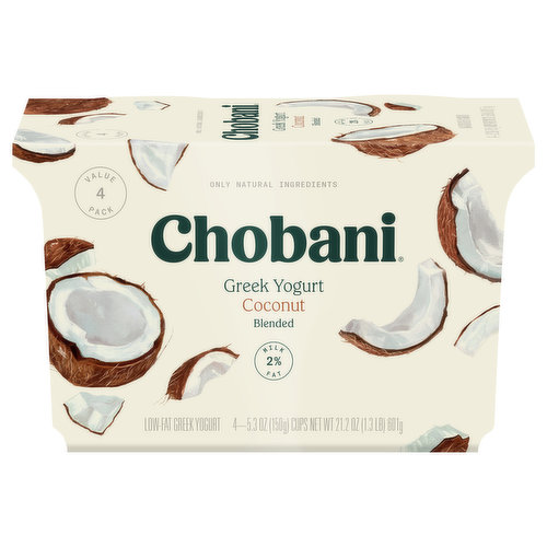 Chobani Yogurt, Greek, Low-Fat, Coconut, Blended, 4 Value Pack