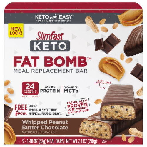 The SlimFast Keto Fat Bomb Whipped Peanut Butter Chocolate Meal Bar is an inspired pairing of rich chocolate filled with the light and fluffy taste of whipped peanut butter. Crafted with your goals in mind these Keto-creations are packed with 14g of high-quality fats, 24 vitamins and minerals, and only 3g of net carbs to provide all the satisfaction without the sacrifice. Free from gluten, artificial flavors, colors, and sweeteners, these meal bars deliver delight without the distress. Part of the clinically proven SlimFast Plan, these snacks make Keto as easy as 1-2-3. Enjoy one sensible Keto meal, two SlimFast Keto meal replacements, and three Keto snacks. The SlimFast Plan is clinically proven to help you lose weight fast and keep it off!