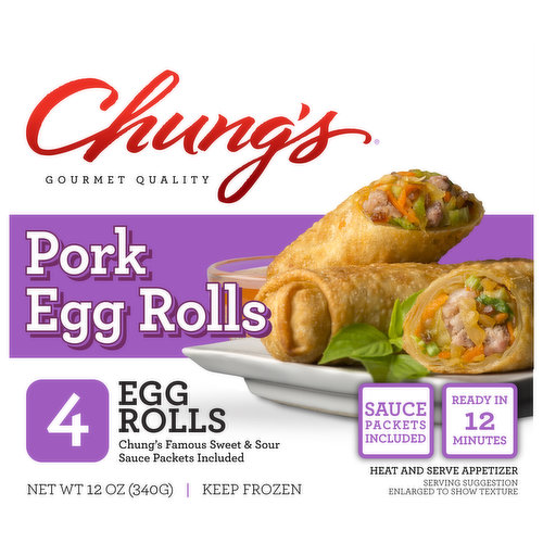 Gourmet quality. Chung's famous sweet & sour sauce packets included. Ready in 12 minutes. Heat and serve appetizer. For nearly 40 years, Chung's Gourmet Foods has been making delicious Asian cuisine and appetizers for every eating occasion. Our mouthwatering Pork Egg Rolls are great as a tasty addition to any Asian meal, a stand-alone snack, or an on-the-go lunch or dinner. At Chung's - We're On A Roll!