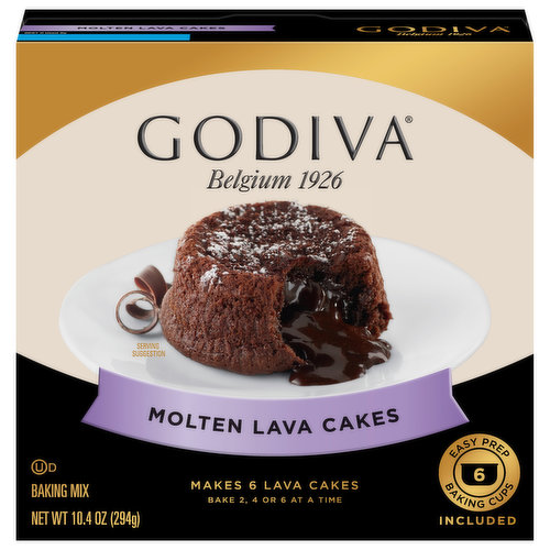 This special molten lava cake recipe, inspired by Godiva’s iconic Chocolate Lava Cake truffle, has a warm, molten chocolate center surrounded by decadent chocolate cake for a perfect indulgence at home. Molten Lava Cake Mixes, includes 3 pouches of premium Godiva chocolate baking mix, and six individual baking cups. Bake 2, 4 or 6 cakes at a time.