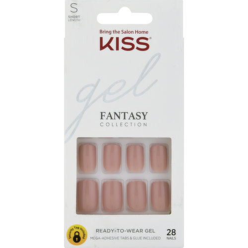 Bring the salon home. Security tag included. Ready-to-wear gel. Mega-adhesive tabs & glue included. Quality products that deliver salon results. Kit Contains: 24 nails, pink gel glue net wt 2 g (0.07 oz), 24 adhesive tabs, mini file, manicure stick. Glue on 7 day wear. KISSusa.com.