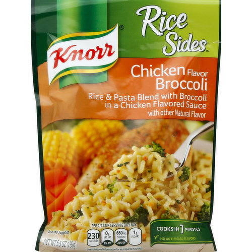 Rice & pasta blend with broccoli in chicken flavored sauce with other natural flavor. Per 1/2 Cup Serving Dry Mix: 230 calories; 0 g sat fat (0% DV); 660 mg sodium (28% DV); 1 g sugars. See nutritional information for as prepared nutrition. Cooks in 7 minutes. No artificial flavors. For complete nutrition information and great recipe ideas, visit yummly.com/knorr. Facebook: Like us at facebook/knorr. Don't hesitate to contact us at: 1-800-457-7082. Made in Canada from domestic and imported ingredients.