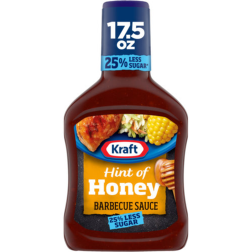 Kraft Hint of Honey BBQ Sauce adds a uniquely sweet BBQ flavor with 25% less sugar than the leading BBQ sauce (each serving contains 8g total sugars, where the leading bbq sauce contains 13g total sugars per serving). The tanginess of tomato puree and vinegar meets the sweetness of honey with a balance mix of spices for a lower sugar barbecue sauce. Ingredients such as paprika, apple cider vinegar, molasses and dried onion makes any meal or snack into a delicious bite. Kosher, and free of fat, the entire family will enjoy mouth-watering dishes with each 2 tablespoon serving. Try our lower sugar honey BBQ sauce as a great marinade or dipping sauce. Try it on baby back ribs, as a pulled pork sauce or as a dipping sauce for chicken wings and nuggets. This honey barbecue sauce is packaged in a squeezable 17.5 ounce bottle to preserve flavors.