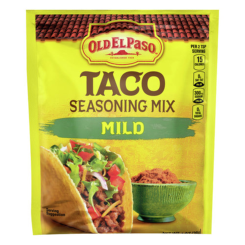 Per 2 tsp Serving: 15 calories; 0 g sat fat (0% DV); 300 mg sodium (13% DV); 0 g total sugars. Partially produced with genetic engineering. Learn more at ask.generalmills.com. Established 1938. www.oldelpaso.com. how2recycle.info. Questions or Comments? Call 1-800-300-8664 Mon - Fri 7:30 a.m. - 5:30 p.m. CT. Information from the package will be helpful. Old El Paso Consumer Relations, P.O. Box 200, Minneapolis, MN 55440. Visit us at: www.oldelpaso.com. Try our other varieties! Taco Seasoning Mix Chicken. Taco Seasoning Mix Original.