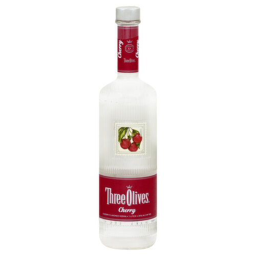 Experience this incredible blend of imported English vodka and the natural taste of ripe dark cherries. Enjoy Three Olives Cherry flavored vodka as a shot, on the rocks, or in your favorite cocktail. www.threeolives.com. 35% alc by vol. Produced and Bottled by Three Olives Company, Lawrenceburg, Indiana USA. Made with imported vodka from England and natural flavor.