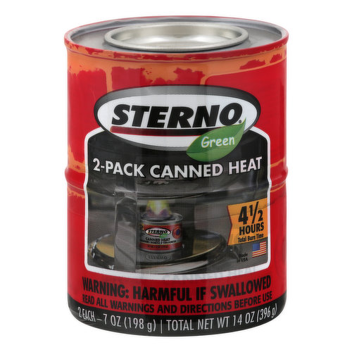 The multi-purpose canned heat! Home entertaining. Special events. Outdoor cooking. Safe and easy to use - burns clean, odor free. Environmentally preferred, biodegradable. Features smart can heat indicator. 100 Anniversary. A product of sterno candlelamp.  www.sternocandlelamp.com 24-Hour Emergency Contact: 800.255.3924.