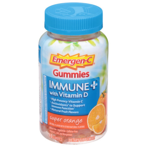 High potency vitamin C. Antioxidants (vitamin C, zinc, and manganese) to support immune function. Natural fruit flavors. Vitamin D plays an important role in regulating immune system function. Caffeine-free. Due to use of plant-based colors, gummy appearance may darken over time. This does not alter the product potency.