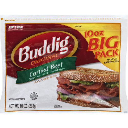 Cooked, chopped, pressed. Makes 5 sandwiches. Zip Pak: Resealable packaging. Contains up to 15% of a flavoring solution. US inspected and passed by Department of Agriculture. Gluten free. Questions or comments please call: 1-888-633-5684 8:30 am - 5:00 pm (CST). buddig.com. Product of USA.