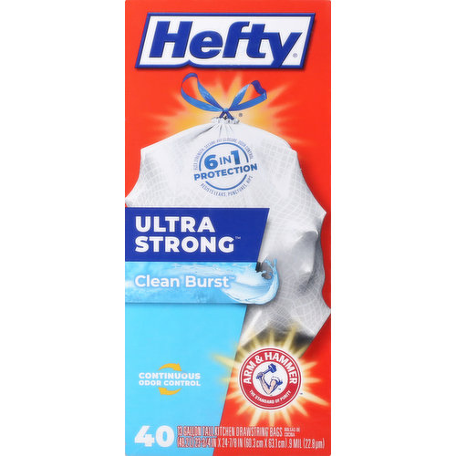 (49.2 l) 23-3/4 in x 24-7/8 in (60.3 cm x 63.1 cm) 0.9 mil (22.8 mcm). Continuous odor control. The standard of purity. 6 in 1 Protection. 1. Flex strength. 2. Secure-fit closure. 3. Odor control. 4. Resists leaks. 5. Resist punctures. 6 Resists rips. www.Hefty.com. how2recycle.info. To contact us visit: Hefty.com, call: 1-800-433-2244 or write: Hefty Brands, PO Box 85583, Richmond, VA 23285-5583. When communicating about this particular product, please include end flap with the embossed numbers, or laser printed white number and the UPC bar code located on this panel. Check out our other scents! Patented odor neutralizer. Lavender & sweet vanilla. Citrus twist. Scent free. Tropical paradise. Certified 100% recycled paperboard. Hefty is committed to advancing sustainable, end-of-life solutions for plastic waste. Check out www.heftylcom to learn more about our latest programs and products. Made in the USA from global components.