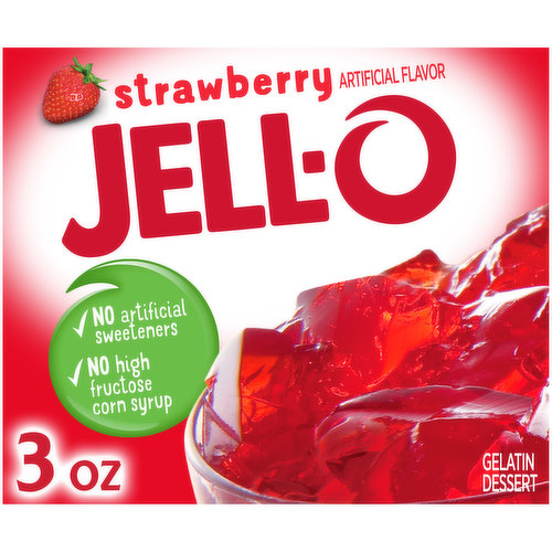 A sweet treat they’ll love berry much! Make a snack for the whole family or try a new Pinterest recipe with Jello Strawberry Gelatin Dessert Mix. Our delicious gelatin dessert is easy to make; simply add boiling water to the gelatin mix, stir in cold water and put it in the refrigerator to set for about four hours. Jello gelatin mix contains no artificial sweeteners or high-fructose corn syrup and has only 80 calories per serving. The cool, fruity taste of Jello Strawberry Gelatin Dessert Mix is a perfect treat all by itself or used in colorful poke cakes, layered Jello molds, pies and more. Available in a variety of flavors, give your family the tasty treat you know they’ll love with Jello Strawberry Gelatin Dessert Mix.