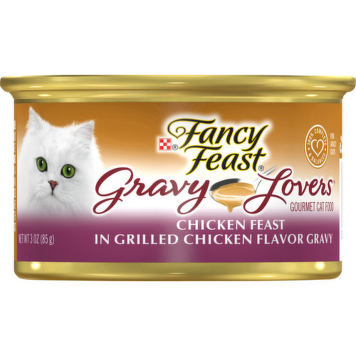 Calorie Content (ME, calculated) 793 kcal/kg 67 kcal/can. Fancy Feast Gravy Lovers Chicken Feast In Grilled Chicken Flavor Gravy is formulated to meet the nutritional levels established by the AAFCO Cat Food Nutrient Profiles for maintenance of adult cats. 100% Complete & Balanced. For adult cats. Purina.com. Please recycle.