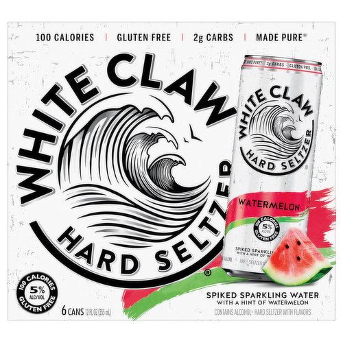 White Claw Hard Seltzer, Watermelon, Spiked, 6 Pack