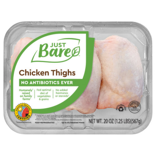 Our fresh, hand-trimmed chicken thighs are minimally processed to ensure quality and sustainability. Quick and ready to cook right out of the package for a healthy family dinner. The thigh is a juicy and flavorful cut that’s great for grilling, sautéing, or baking.Just like you, Just Bare® cares about what you feed your family. Our mission is simple: All you need. Nothing you don’t.™ We understand life is busy. Between soccer games, school, workouts, work, and the never-ending to-do-list, providing a healthy meal can be tough. We’ve got you.