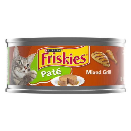 Calorie Content (Calculated) (ME): 1167 kcal/kg, 182 kcal/can. Friskies Pate Mixed Grill is formulated to meet the nutritional levels established by the AAFCO cat food nutrient profiles for maintenance of adult cats. 100% complete & balanced nutrition for adult cats. Purina.com. Please recycle. Printed in USA.
