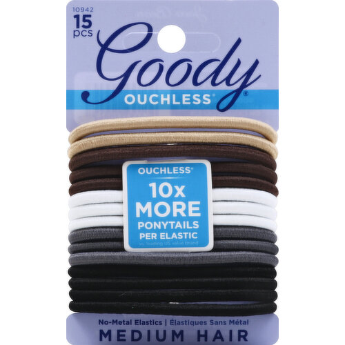 10x more ponytails per elastic vs. leading US value brand. Look Good, (hashtag)Feel Goody. (at)goody hair & goody.com. We would love to hear from you: 1.800.241.4324. Made in China.