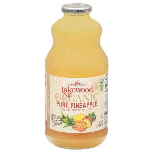 Fresh pressed juice not from concentrate. USDA Organic. 100% vegan. Gluten free. Certified Organic by Quality Certification Services (QCS). Non GMO. Nourishing since 1935. Pasteurized juice squeezed from fresh pineapples. What’s in the bottle. 2 to 3 organic pineapples. Family owned and operated since 1935. Allergen free (Per FDA 8 major food allergens). Casein free. Unsweetened: Naturally occurring sugars in fruits/vegetables. Feel good. Live good. No preservatives. www.lakewoodorganic.com. Facebook. Instagram. Pinterest. All glass BPA/BPS DEHP free. Glass recycles.
