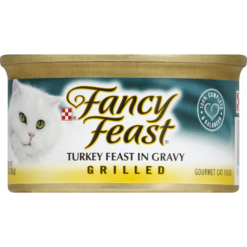 100% complete & balanced. Recyclable aluminum. Purina.com. Fancy Feast Grilled Turkey Feast in Gravy is formulated to meet the nutritional levels established by the AAFCO Cat Food Nutrient Profiles for all life stages. Calorie Content (calculated) 840 kcal/kg 71 kcal/can. Please recycle. Printed in USA.