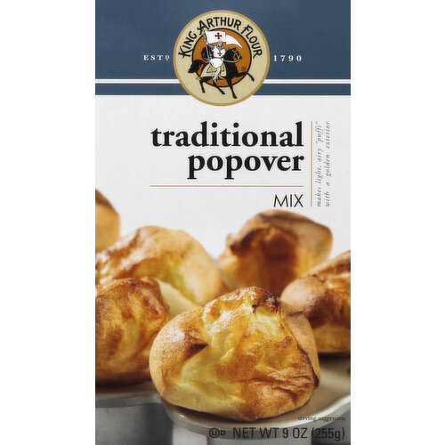 Makes light, airy puffs with a golden exterior. Estd 1790. Traditional Popovers: Golden, light-as-air popovers are delicious for breakfast, spread with melting butter and fresh preserves. Serve with soup and salad for an elegant lunch; or fill your breadbasket for dinner. Any time is right for popovers. Find our complete assortment of mixes, ingredients, pans, baking tools, and delicious recipes online: kingarthurflour.com. Homemade - made easy. Our premium mixes make delicious baking fast and simple. We've chosen the best ingredients and done the measuring for you. So all you have to do is mix, bake, and in minutes enjoy homemade treats fresh from the oven with family and friends. We love what we do, and it shows. At King Arthur Flour, we believe we have the best job in the world - sharing the joy and fun of baking with people everywhere. It's a job we've been happy to do for over 200 years. But it's not a job, really. Because we love what we do. How we do it. And who we do it for. As a 100% employee-owned B Corporation, we get to put that love back to work our way, every day, for the people, communities, and causes that matter most to us and our customers. Find out more at kingarthurflour.com/about. 100% employee owned. 100% committed to quality. Printed on 100% recycled (minimum 35% post-consumer) content. Please recycle. B Corporation: bcorporation.net. We keep the best interests of our employees, our community, and the environment top of mind in everything we do. kingarthurflour.com.