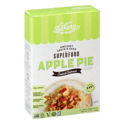 Naturally flavored. Certified gluten-free. Vegan. Whole Grain: 33 g or more per serving. Eat 48 g or more whole grain daily. WholeGrainCouncil.org. 33 g of whole grains per serving. Excellent source of ALA (An omega 3 (Contains 540 mg ALA per 50 g serving which is 34% of the 1.6 g daily value of ALA)). Good source of fiber (3.5 g total fat per 50 g serving). Non GMO Project verified. nongmoproject.org. Ancient grain & seed. Real apples. Life is easy on Main Street. With Bakery on Main, Life is Easy on Main Street: Since 1992, we've prided ourselves on our ability to craft incredibly delicious gluten-free and celiac-friendly goods. It's our belief that everyone should be able to enjoy food that doesn't sacrifice taste for wholesomeness, or indulge in a snack that's filling, nutritious, and fits perfectly within any individualized dietary wants and needs. That's the bakery on Main promise - simple, effortless eating and snacking that's always on your terms. Made With Real Apples: Combining a unique blend of certified gluten-free oats, ancient grains, and the bakeshop flavors of apple and cinnamon, you won't be able to resist the deliciousness of our apple pie instant oatmeal! bakeryonmain.com. Facebook. Instagram. (at)bakeryonmain. Our mission to give back - learn more. Try our Delicious Products: Cranberry Apple Almond. Oats & Honey. Sprouted Blueberry Flax. Organic Rolled Oats.