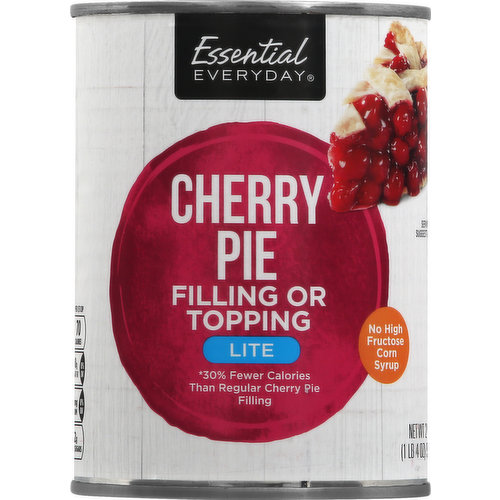Per 1/3 Cup: 70 calories; 0 g sat fat (0% DV); 10 mg sodium (0% DV); 12 g total sugars. Gluten free. 30% fewer calories than regular cherry pie filling (Calorie comparison per 1/3 cup serving: Lite cherry pie filling: 70 calories. Regular Cherry Pie Filling: 100 calories). No high fructose corn syrup. 100% quality guaranteed. Like it or let us make it right. That's our quality promise. essentialeveryday.com