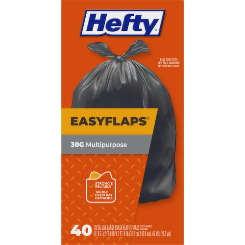 Hefty EasyFlaps Trash Bags, Flap-Tie, Multipurpose, 30 Gallon, Large - 40 bags