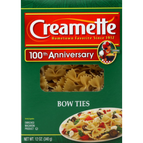 Enriched macaroni product. Hometown favorite since 1912. 100th anniversary. For 100th anniversary news and recipes visit www.creamette.com. Simply perfect pasta. We have been trusted for generations to ensure that only the finest quality ingredients make it from the field to your family's table. Today, our special flour blend ensures that Creamette pasta is: always firm, never sticky, simply delicious. We guarantee it! A low fat, sodium free, cholesterol free food. Product of the United States of America.
