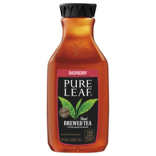 Real brewed tea never from powder. Raspberry flavor with other natural flavors. 120 Calories per 12 fl oz serving. Caffeine Content: 45 mg/12 fl oz. No artificial sweeteners. No HFCS: No High Fructose Corn Syrup. PureLeaf.com. We’re here to help. PureLeaf.com or 866.612.2076. Please recycle. Rainforest Alliance Certified Tea. Brewed in USA.