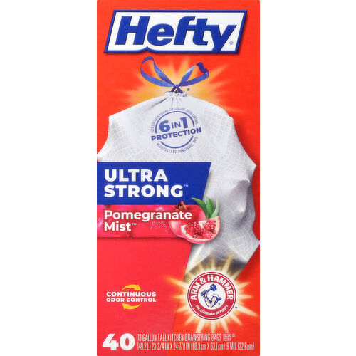 (49.2 l) 23-3/4 in x 24-7/8 in (60.3 cm x 63.1 cm) 0.9 mil (22.8 mcm). Continuous odor control. The standard of purity. 6 in 1 Protection. 1. Flex strength. 2. Secure-fit closure. 3. Odor control. 4. Resists leaks. 5. Resist punctures. 6 Resists rips. www.Hefty.com. how2recycle.info. To contact us visit: Hefty.com, call: 1-800-433-2244 or write: Hefty Brands, PO Box 85583, Richmond, VA 23285-5583. When communicating about this particular product, please include end flap with the embossed numbers, or laser printed white number and the UPC bar code located on this panel. Check out our other scents! Patented odor neutralizer. Citrus Twist. Clean burst. Lavender & sweet vanilla. Tropical paradise. Certified 100% recycled paperboard. Hefty is committed to advancing sustainable, end-of-life solutions for plastic waste. Check out www.heftylcom to learn more about our latest programs and products. Made in the USA from global components.