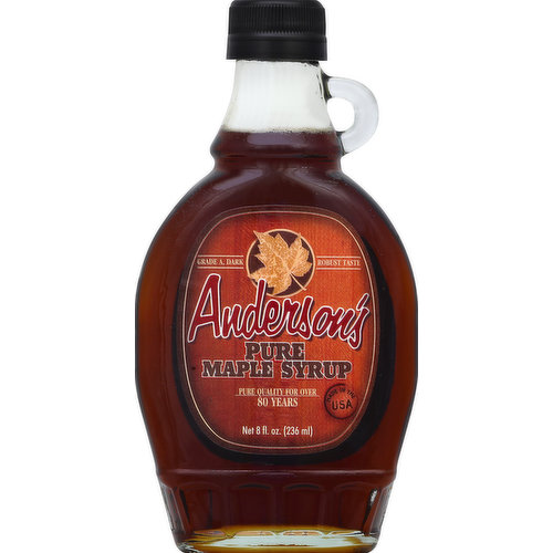 Grade A, dark. Robust taste. Pure quality for over 80 years. This is pure maple syrup. Pure maple syrup means - 100% pure maple syrup made from all natural maple sap and nothing more. Yes, it's that simple. For over 80 years, our family tradition has been to harvest maple sap each spring. We carefully cook it long into the night until all that remains is rich, sweet, pure maple syrup. We bottle it and deliver it to your favorite store for you to purchase and enjoy. Our continuing promise to you and your family is to provide you with the finest pure maple syrup, every time! Please enjoy! - The Anderson Family. www.andersonmaplesyrup.com. Made in the USA.
