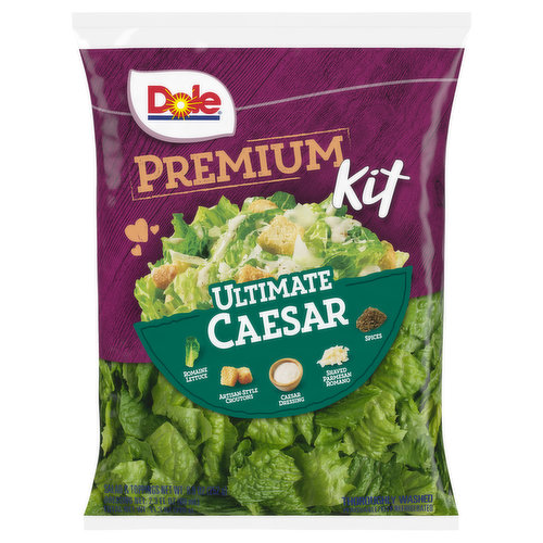 Romaine lettuce. Artisan-style croutons. Caesar dressing. Shaved parmesan romano. Spices. Thoroughly washed. This full-flavored favorite combines shaved parmesan and romano cheeses, garlic herb seasoning, and artisan-style croutons with crisp romaine lettuce and Dole's Ultimate Caesar Dressing.