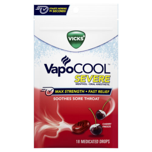 Vicks Severe VapoCOOL Severe, Medicated Drops, Soothes Sore Throat Pain Caused by Cough, Cherry Freeze Flavor, 18 Drops