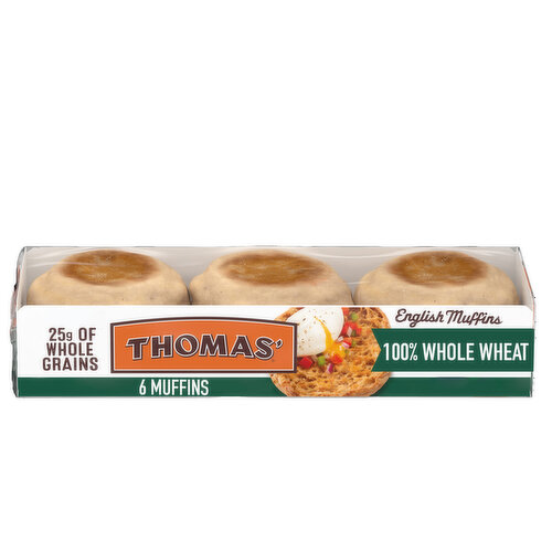 Thomas' 100% Whole Wheat English Muffin English Muffins, 6  count, 12 oz