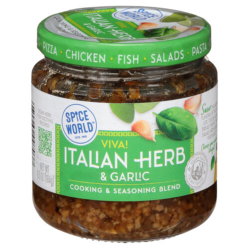 Estd.1949. Italian flavors. Fish. Salads. Pasta. Breads. Pizza. Chicken. Savor: The aromatic flavors of the good life. Tuscan garlic bread, herb roasted vegetables? Choose your adventure tonight! Breads. Pizza. Chicken. Fish. Pasta. Salads. Viva! www.spiceworldinc.com. Scan for exciting recipes!