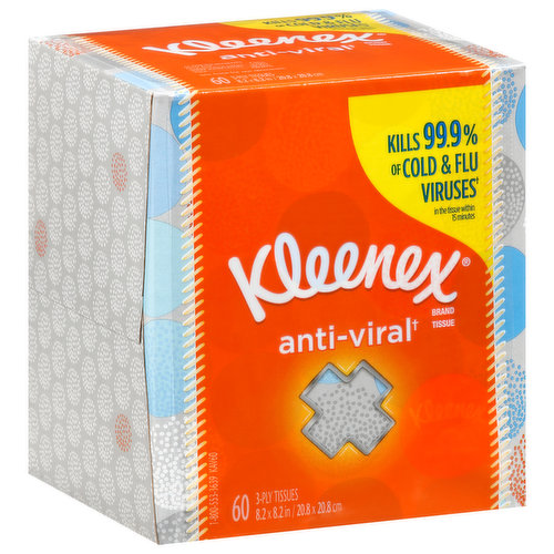 Because cold and flu viruses are often spread by hand contact, Kleenex Brand has developed a tissue for your whole family. Kleenex Anti-Viral (Virucidal Against: Rhinoviruses type 1A and 2 (rhinoviruses are the leading cause of the common cold); influenza A and influenza B (causes of the flu); respiratory syncytial virus (RSV - the leading cause of lower respiratory tract infection in children)) tissue has three soft layers, including a moisture activated middle layer that kills 99.9% of cold and flu viruses in the tissue within 15 minutes. This product has not been tested against bacteria, fungi or other viruses.