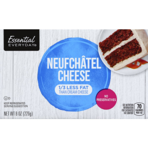 1/3 less fat than cream cheese. 70 calories per 1 oz. No preservatives. See nutrition information for saturated fat content. Total fat comparison per serving: neufchatel cheese 6g; regular cream cheese 9g. See inside for recipes. Great Products at a price you'll love - that's Essential Everyday. Our goal is to provide the products your family wants, at a substantial savings versus comparable brands. We're so confident that you'll love Essential Everyday, we stand behind our products with a 100% satisfaction guarantee. 100% Quality Guaranteed: Like it or let us make it right. That's our quality promise. essentialeveryday.com.