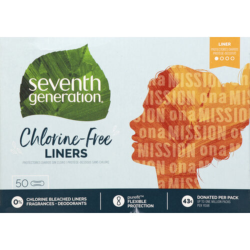 Gluten free. 0% Chlorine bleached liners fragrances. Deodorants. Purefit flexible protection. What's in it for you. 1.Our period care products provide leak protection that works without the use of rayon and deodorants. Plus, since they're free from fragrances, you don't have to worry about exposing your most sensitive skin to these unnecessary chemicals. 2. These liners are made to care for you, and for the Earth. By avoiding chlorine whiteners in the absorbent material of our liners, we help prevent harmful toxins from entering waterways. 3. These liners feature our innovative purefit design which conforms to your body for reliable leak protection and comfort. Leak protection that works for you and the world. At Seventh Generation, our goal is to transform the world into a healthy, sustainable, and equitable place for the next Seven Generations. Our Product Promise: Hypoallergenic; Gluten free; 0% Fragrances, dyes, deodorants, rayon. The peel-away strip is whitened with a process that still utilizes chemicals containing chlorine. Our goal is for the strip to be whitened with the totally chlorine free process. SeventhGenerationPeriodCare.com. www.seventhgeneration.com. how2recycle.info. Instagram. Facebook. Twitter. Our Certification: Certified B Corporation. We donate the tampon tax. Many states charge you an unfair sales tax on period care products because they are not considered essential. For our period care products, this tampon tax is about 43 cents per pack. We're on a mission. Did you know? In the U.S., many people can't get the period care they need because it isn't always considered a basic human necessity. Try telling that to anyone who gets their period. We're donating 43 cents for every pack of tampons and pads we sell in the U.S. (Up to one million packs per year) to impactful nonprofits helping reverse this inequity. Visit SeventhGenerationPeriodCare.com to learn more & get involved. Try Our Full Line of Period Care Products: Ultra-Thin & Maxi Pads. Liners. 99% Plant-Based Plastic Applicator Tampons. No Applicator Tampons. This box is made from 35% post-consumer recycled fiber. Made in Canada with domestic and imported ingredients.