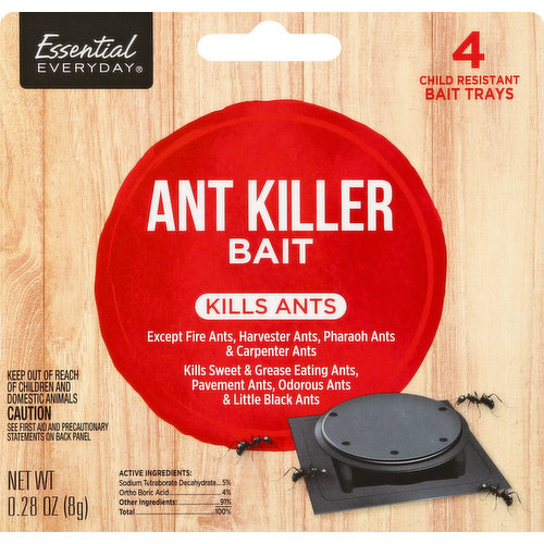 4 child resistant bait trays. Kills ants. Except fire ants, harvester ants, pharaoh ants & carpenter ants. Kills sweet & grease eating ants, pavement ants, odorous ants & little black ants. Great Products: At a price you'll love - that's Essential Everyday. Our goal is to provide the products your family wants, at a substantial savings versus comparable brands. We're so confident that you'll love Essential Everyday, we stand behind our products with a 100% satisfaction guarantee. Essential Everyday Ant Killer Bait has been the effective method for destroying ants for years. The bait is in a child resistant container. It is effective and easy to use. How the system works: the ants you see are worker food providers to the queen mother and the larvae residing in the nest. The worker ants feed the colony and then themselves. Real savings. Every day. Highest quality. If you're not completely satisfied with this product please contact us at 1-877-932-7948.