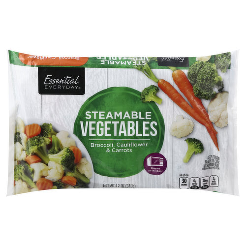 Broccoli, cauliflower & carrots. Per 2/3 Cup: 30 calories; 0 g sat fat (0% DV); 30 mg sodium (1% DV); 2 g total sugars. Steams in the bag! Ready to cook. Microwavable. Great products at a price you'll love - that's Essential Everyday. Our goal is to provide the products your family wants, at a substantial savings versus comparable brands. We're so confident that you'll love Essential Everyday, we stand behind our products with a 100% satisfaction guarantee. essentialeveryday.com. Product of Mexico.