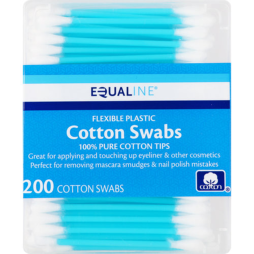100% pure cotton tips. Great for applying and touching up eyeliner & other cosmetics perfect for removing mascara smudges & nail polish mistakes. Equaline cotton swabs have 100% pure cotton tips. The plastic stick is flexible, making it easier to use when applying or touching up makeup, especially around the eye. Great for application and blending of eyeliner and other cosmetics. Perfect for removing mascara smudges & nail polish mistakes. supervaluprivatebrands.com. Made in China.