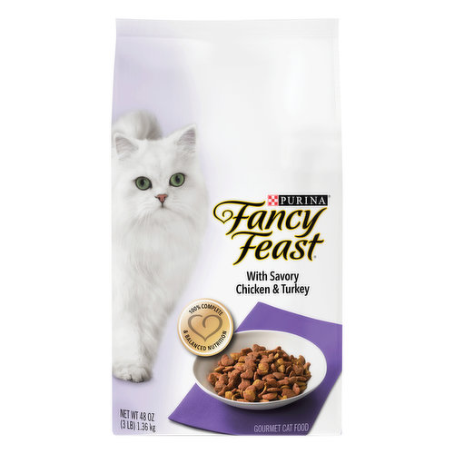 Calorie content (calculated) (ME) 4010 kcal/kg, 476 kcal/cup. Fancy Feast With Savory Chicken & Turkey is formulated to meet the nutritional levels established by the AAFCO cat food nutrient profiles for all life stages. 100% complete & balanced nutrition. Make every day delicious. Crunchy delightfully crunchy. Savory deliciously savory. Complete nutritionally complete & balanced. Fancy feast believes the right ingredients can make an ordinary day extraordinary. Fancy Feast Dry Cat Food is prepared with a high standard of taste, nutrition and quality for an experience that will excite your cat any time, every day. Your pet. Our passion. The Purina Promise: Our promise to you is sealed inside every package - including this one. Every ingredient we source and every facility we own is held to our highest standards for quality, safety and the never-ending pursuit in breakthrough nutrition. Pets are our passion. Safety is our promise. Progress is our pledge. Follow us at Purina.com. Purina.com. FancyFeast.com. Twitter. Facebook. Find more to love at FancyFeast.com. We’re Listening. Visit us online at Purina.com or call 1-800-933-0991. Printed in USA. Crafted in USA facilities.