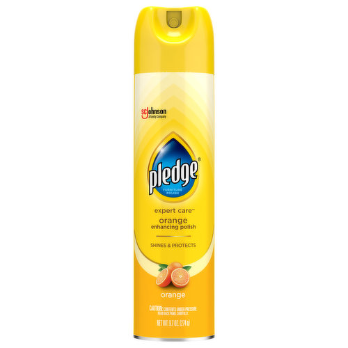 A family company. Keep your special surfaces looking their best with Pledge Expert Care. Pledge enhancing furniture polish improves the appearance of sealed wood furniture by easily removing dust and fingerprints and providing a protective, glossy coating without leaving a waxy buildup. A beautiful shine and a refreshing scent that keeps your home inviting. Works on: Sealed wood furniture, sealed leather, granite, stainless steal, laminate, quarts. Removes: Dust & messes, fingerprints, smudges & smears. A family company since 1886. - Fisk Johnson. Environmental Facts: Produced with more than 30% renewable energy. Contains no petroleum-based repellants. No CFCs: Contains no CFCs or other ozone depleting substances. Federal regulations prohibit CFC propellants in aerosols.