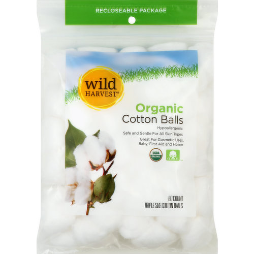 Hypoallergenic. Safe and gentle for all skin types. Great for cosmetic uses, baby, first aid and home. USDA organic. Recloseable package. Wild Harvest Certified Organic Cotton Balls are made out of virgin staple fiber and are luxuriously soft. This cotton is grown exclusively on organic farms. The organic farming methods replenish the soil, protect the purity of air, water and food supplies, and preserve precious resources. Great for Many Uses: Baby Care: safe and gentle for use on baby's delicate skin; great for applying oils, lotions and powders. First Aid: perfect for cleaning cuts and applying medication. Home Care: craft projects; polishing silver and brass; detailing furniture; polishing shoes. QCS: Quality Certification Services since 1969. Certified organic by Quality Certification Services. 100% quality guaranteed. Like it or let us make it right. That's our quality promise. mywildharvest.com. To learn more about Wild Harvest products, including our full line of organic products, please visit www.mywildharvest.com. Product of USA.