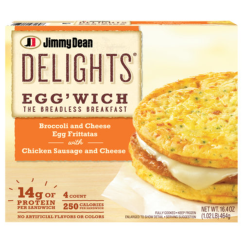 Jimmy Dean Delights Jimmy Dean Delights Egg’wich Breakfast Sandwiches with Broccoli and Cheese Egg Frittatas with Chicken Sausage and Cheese, Breadless, Frozen, 4 Count