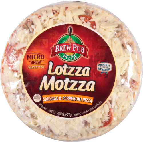 9 inches lotzza motzza sausage & pepperoni pizza. Highest quality. Micro brew. Personal pizza. Proudly cheese Wisconsin. U.S. Inspected and passed by Department of Agriculture. www.brewpubpizza.com. To The Customer: Questions or comments? Retain label and plastic wrap, write to: Bernatello's Pizza Inc., Customer service, Box 729, Maple Lake, MN 55358. Visit our website: www.brewpubpizza.com.