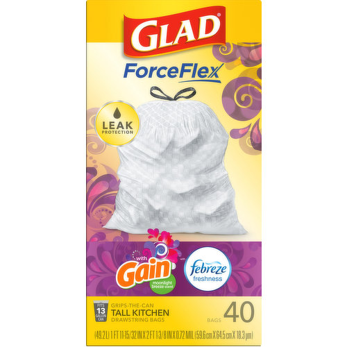 (49.2 l) 1 ft 11-15/32 in x 2 ft 1-3/8 in x 0.72 mil (59.6 cm x 64.5 cm x 18.3 mcm). Fits 13 gallon can. Grips-the-can. With gain with Febreze freshness. Leak protection. Odor protection. Steady release for long lasting odor control. Ripguard protection. Leakguard protection. Traps-Locks neutralizes odours. Grips-the can drawstring bag. Neutralizes Odors: Long lasting odor control for even the strongest trash odor, leaving behind a fresh clean scent. how2recycle.info. www.glad.com. Questions? Comments? Visit our website at www.glad.com. Call 1-800-835-4523. We Have You Covered. Glad Small Trash Bags - Fits up to 4 gallon cans. Glad ForceFlex Plus Tall Kitchen Trash Fits up to 13 gallon cans. Glad ForceFlex Plus Large Outdoor Trash Fits up to 30 and 33 gallon cans. Carton made from 100% recycled paperboard minimum 35% post consumer content. Made in USA of global components.