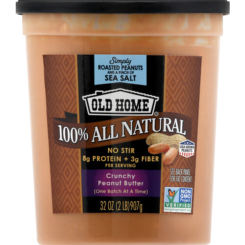 Simply roasted peanuts and a pinch of sea salt. Per Serving: 8 g protein + 3 g fiber. 0 mg cholesterol per serving. Gluten free. Non GMO Project Verified. nongmoproject.org. Quality foods since 1925. No stir. One batch at a time. Enjoy. Award Winning: Quality from old home foods. No preservatives. No added sugar (Not a low calorie food). No high fructose corn syrup. No hydrogenated oil. No palm oil. No molasses. A vital source of nutrients. A low glycemic food. Essential amino acids. See back panel for fat content. Satisfaction guarantee. www.OldHomeFoods.com For more information visit: www.OldHomeFoods.com. We value your comments and question. please call 800-628-8700. Awesome recipes at OldHomeFood.com. Women owned. Berry plasties. USA grown peanuts. 100% USA grown peanuts.