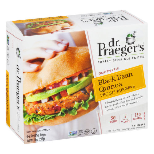 A flavorful blend of hearty black beans, smoky chipotles, and tri-color quinoa, with a hint of jalapeno. Per Serving: 5 g protein; 5 types of veggies; 150 calories. Certified Gluten free. Certified vegan. vegan.org. Non GMO Project verified. nongmoproject.org. Individually wrapped. Purely sensible foods. We Make Food That Makes Sense: We are Dr. Praeger's - a multi-generational, family-owned food company, founded by two heart surgeons. We're committed to encouraging a way of eating sensibly through inspired offerings. Everything we create in our own kitchen starts with no-compromise recipes that help support an active lifestyle, so your appetite rules, not your schedule. While the world has changed over the last 20 years that we've been in business, we remain true to our values and continue to create products that make our dads proud. Where You Recognize All the Ingredients: Our recipes are full of pronounceable ingredients with irresistible flavor and uncommon combinations. Tasty and smart aren't meant to be apart. Sense of Family: Brings families together to share nutritious meals and snacks. Sense of Community: Supports organizations that share our commitment to strengthening communities. Multi-Sense(ory) Meals: Provides meals that create an enjoyable food experience. Sense-ibly Sourced: Crafts foods made with traceable ingredients. drpraegers.com. Facebook. Instagram. Paperboard packaging recyclable.