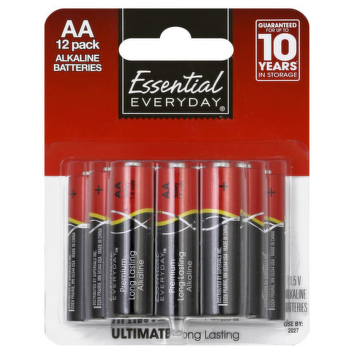 1.5 V. Guaranteed for up to 10 years (when stored in a cool dry place) in storage. Ultimate long lasting. Great products at a price you'll love - that's Essential Everyday. Our goal is to provide the products your family wants, at a substantial savings versus comparable brands. We're so confident that you'll love Essential Everyday, we stand behind our products with a 100% satisfaction guarantee. 100% Quality Guaranteed: Like it or let us make it right. That's our quality promise. 877-932-7948. essentialeveryday.com. Made in China.